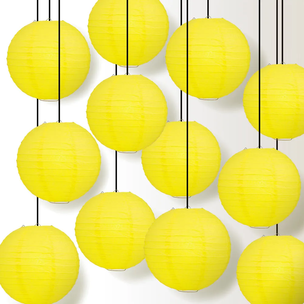 12 PACK | Yellow Even Ribbing Round Paper Lantern, Hanging Combo Set