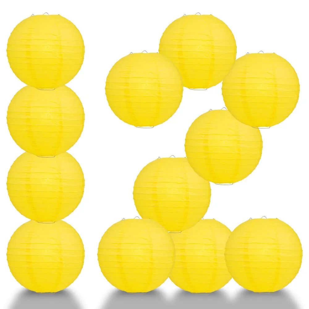 12 PACK | Yellow Even Ribbing Round Paper Lantern, Hanging Combo Set