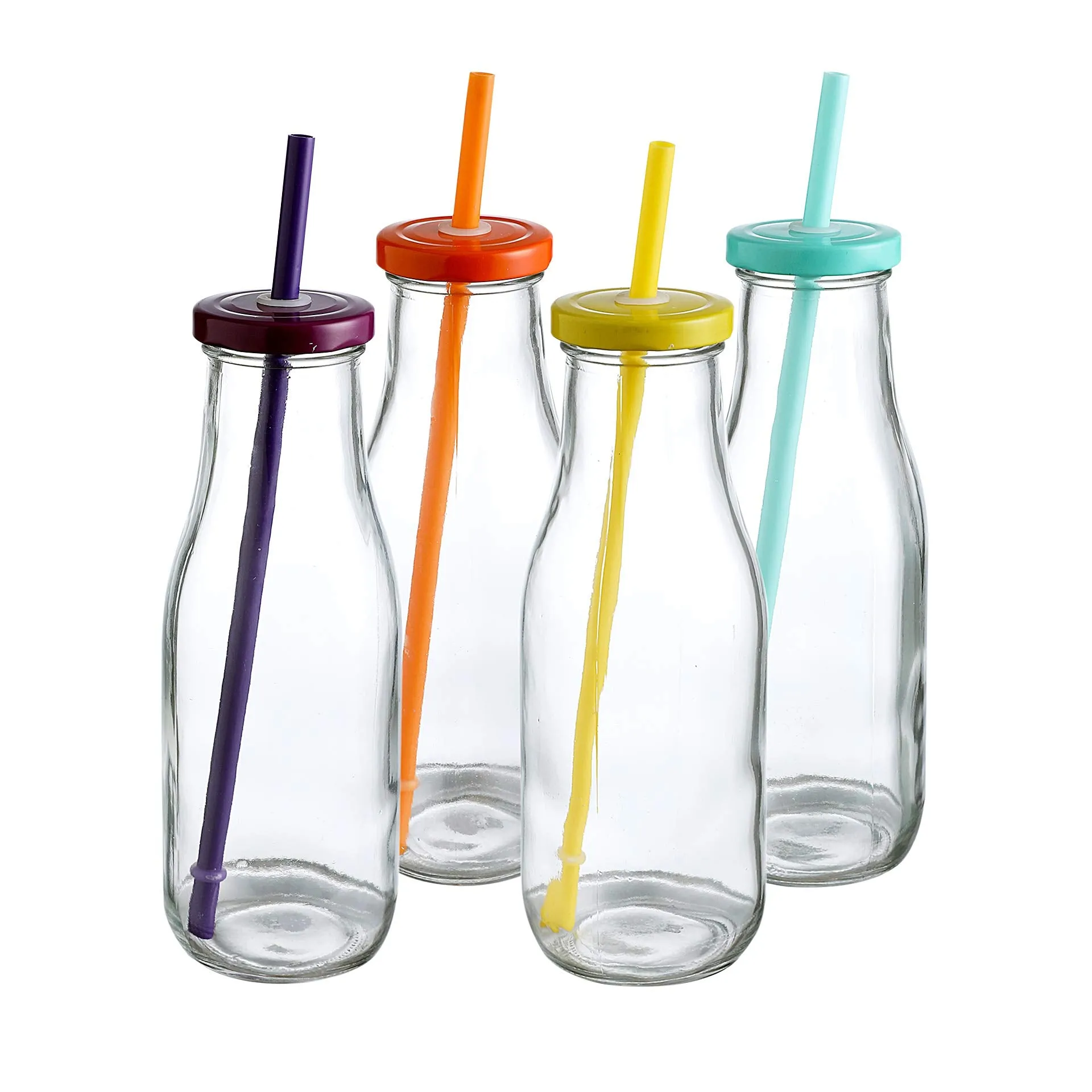 14 Oz Glass Milk Bottles with Colorful Metal Twist Lids and Straws, Reusable for Milk