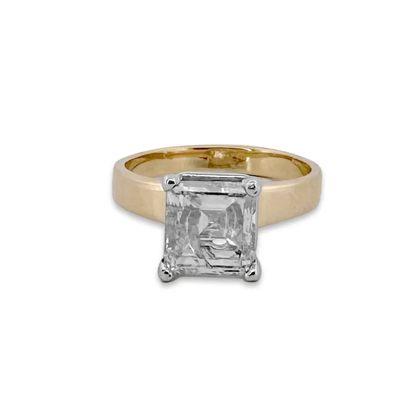 2.54cts Asscher Cut Natural Diamond Solitaire Engagement Ring in 14k Two-tone Gold