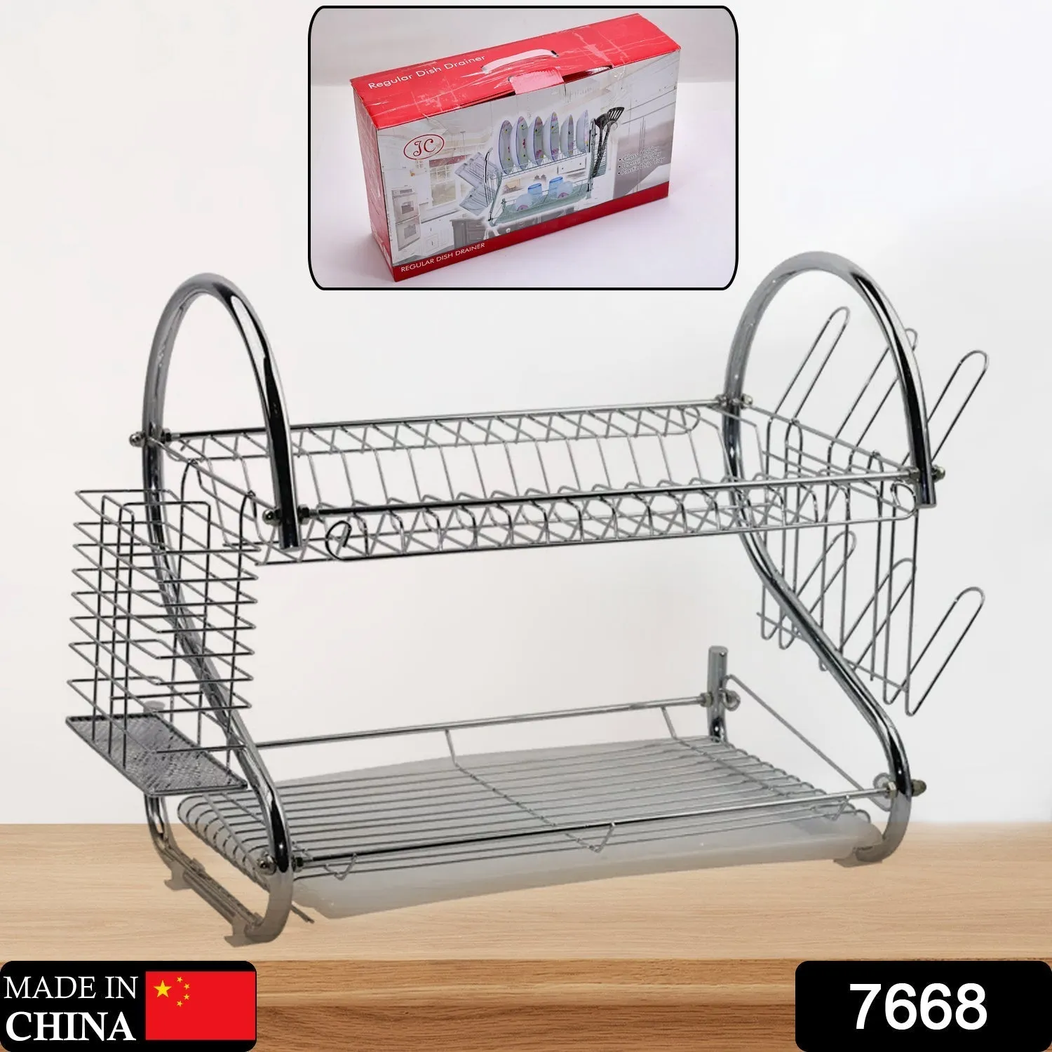 7668 Stainless Steel Drain Bowl Storage Rack Holder Plate Dish Cutlery Cup Rack with Tray Kitchen Shelf Stand