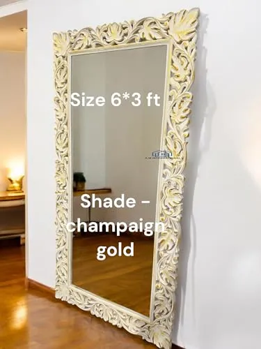 A.M INTERNATIONAL Wooden Carved Wall Mirror Frame Solid Wood, Champaign Gold Finish | with Out Mirror | Size 6 * 3 Ft - Rectangular (Champaign Gold)