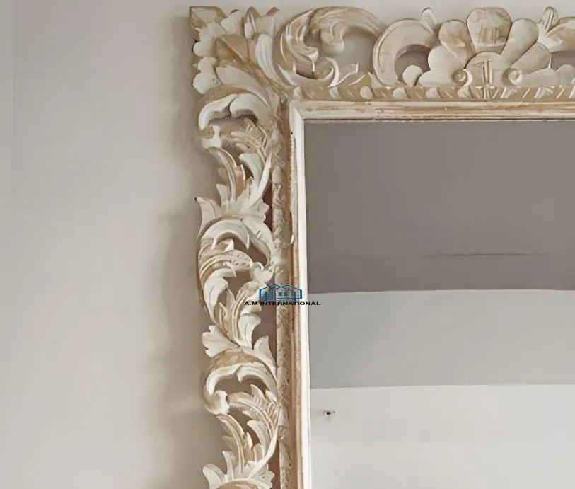 A.M INTERNATIONAL Wooden Mirror Frame for Wall Decoration | Wall Mirror for Bedroom| 6x3 Feet, Wall Mount| Mango Wood, (without MIRROR) (White Distress, 5x2.5)