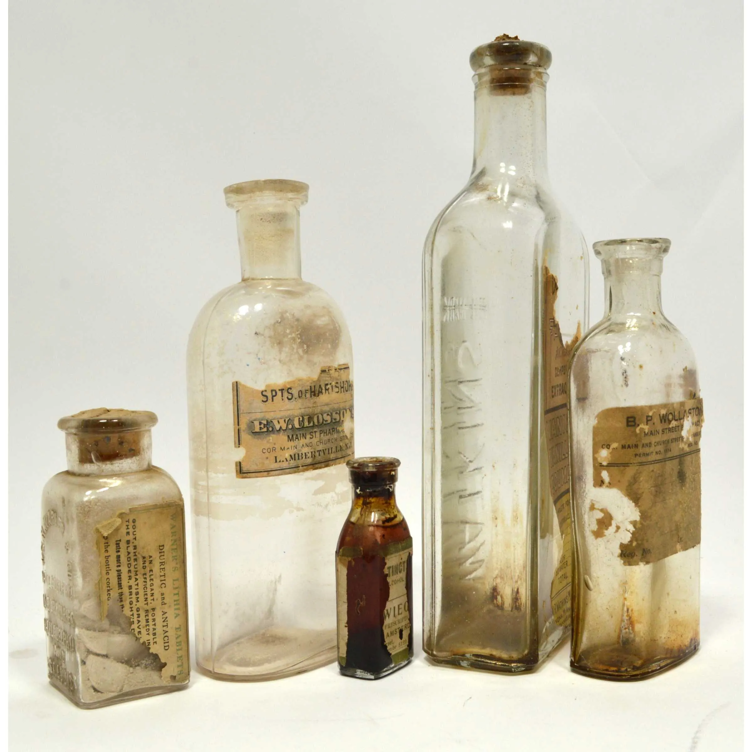 Antique BOTTLE LOT OF 10 MEDICINE-CURES Paper Label & Contents APOTHECARY / DRUG