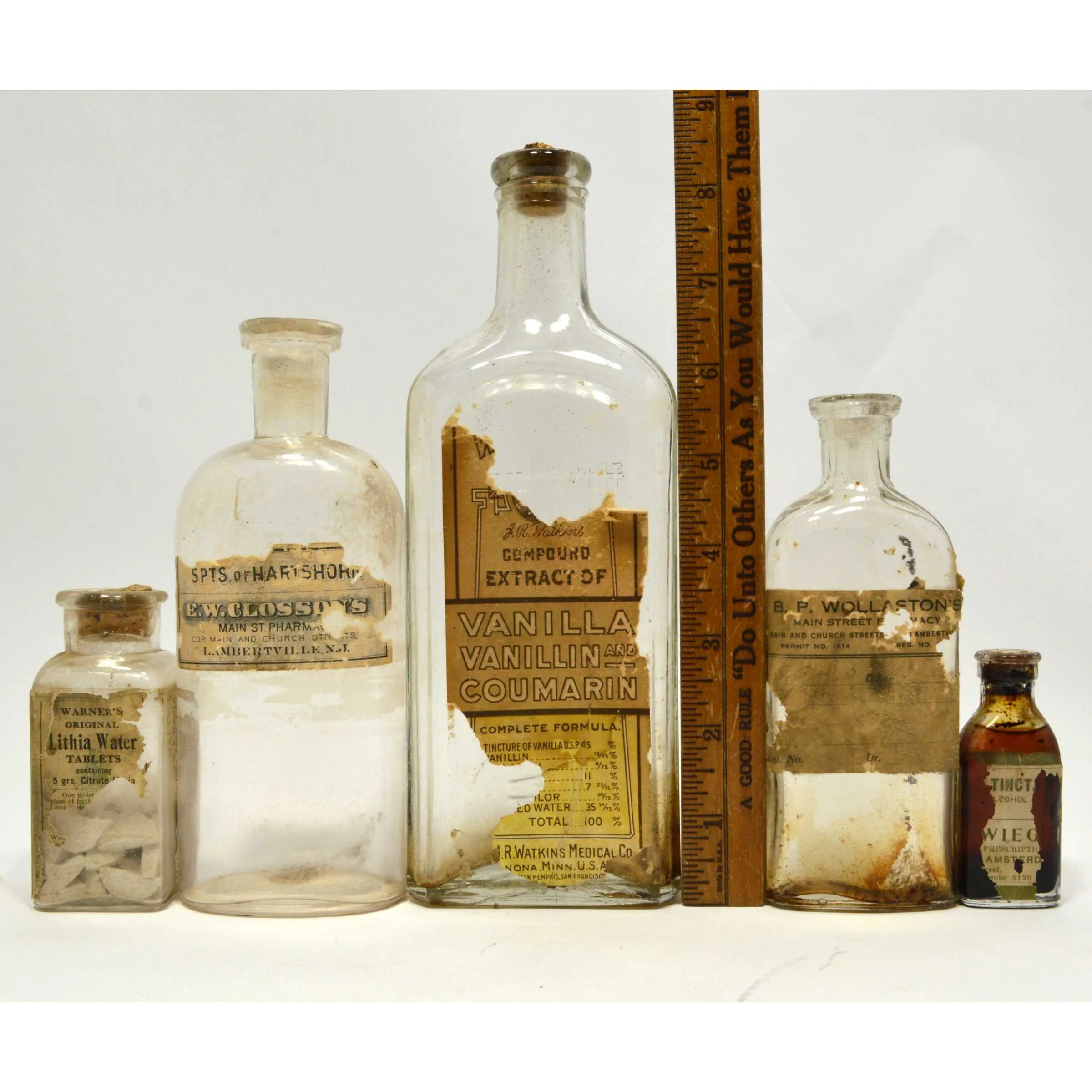 Antique BOTTLE LOT OF 10 MEDICINE-CURES Paper Label & Contents APOTHECARY / DRUG