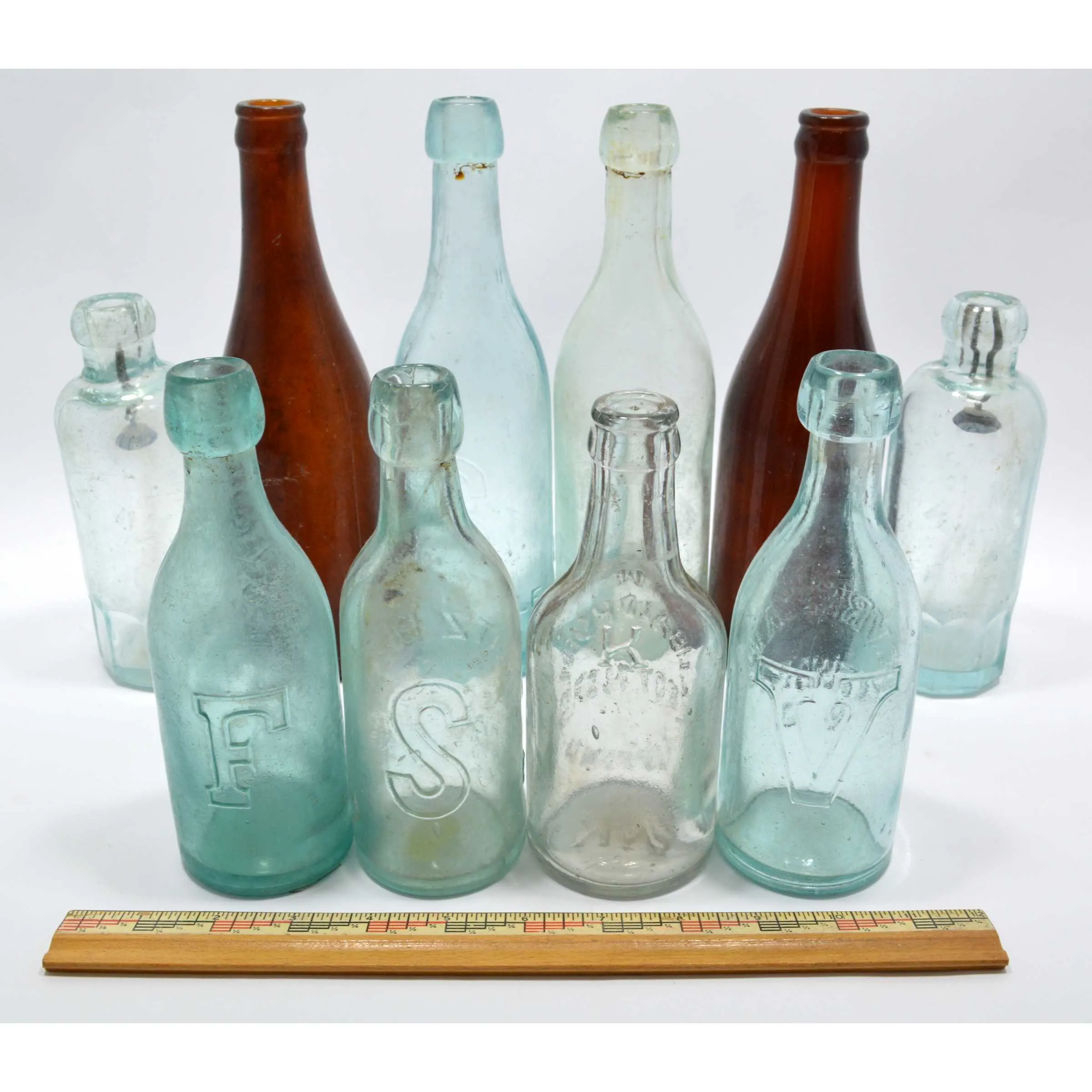 Antique BOTTLE LOT OF 10 SODA or BEER Seitz HUTCHINSON Blob-Tops NJ & PA BOTTLES