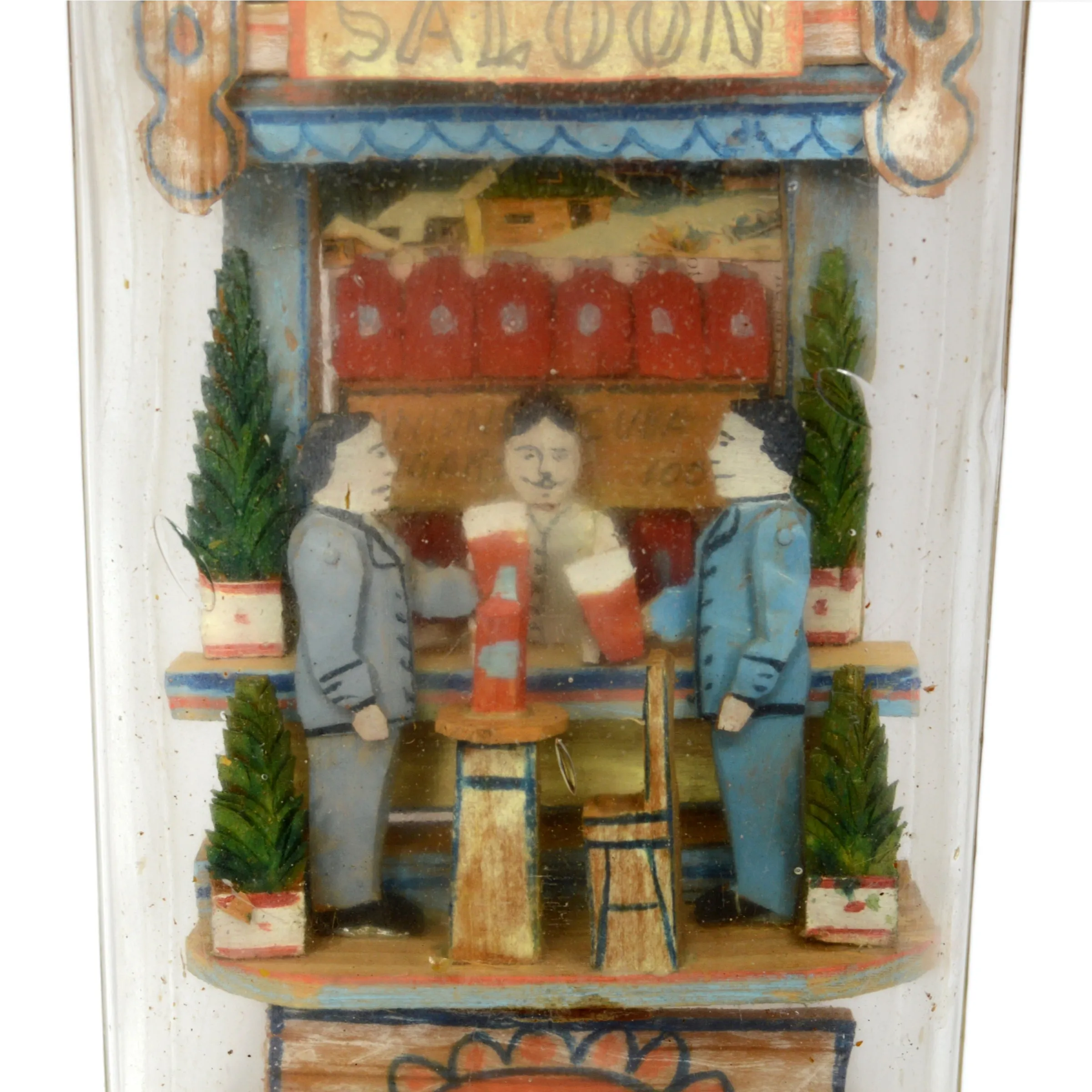 Antique UNSIGNED CARL WORNER Whimsy FOLK ART SALOON IN A BOTTLE Hidden Man RARE!