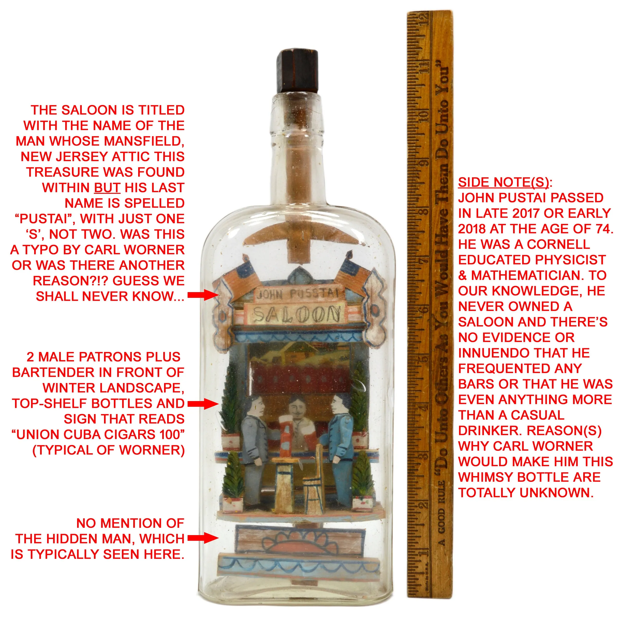 Antique UNSIGNED CARL WORNER Whimsy FOLK ART SALOON IN A BOTTLE Hidden Man RARE!