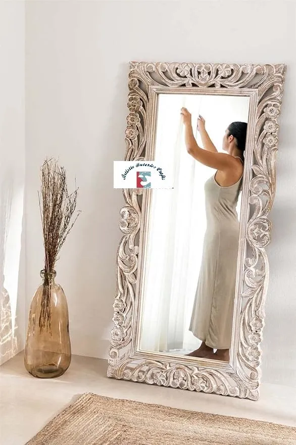 Artistic Interior Crafts Wooden Carved Wall Mirror Frame Solid Wood, Distress Finish | with Out Mirror | (Size 5 * 2.5 Ft) (White Distress, Rectangular, Framed) (White)