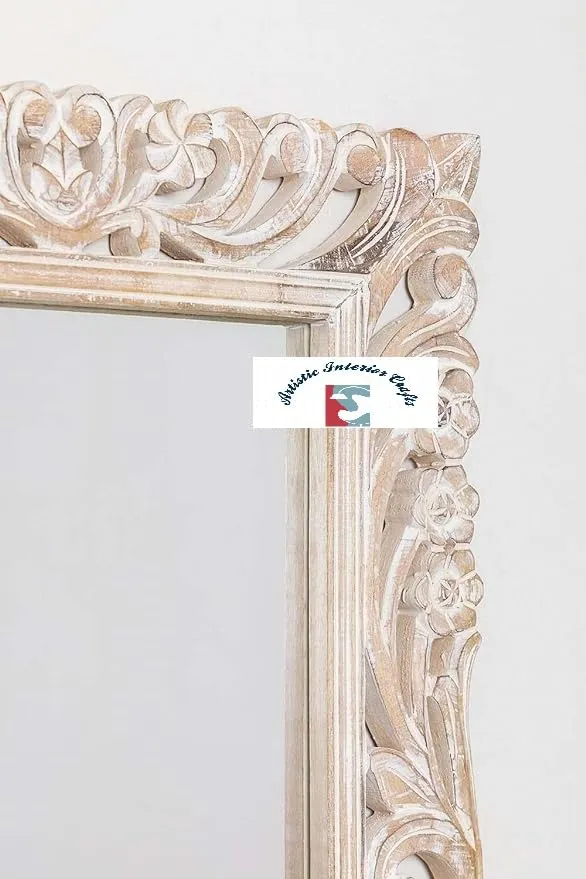 Artistic Interior Crafts Wooden Carved Wall Mirror Frame Solid Wood, Distress Finish | with Out Mirror | (Size 5 * 2.5 Ft) (White Distress, Rectangular, Framed) (White)