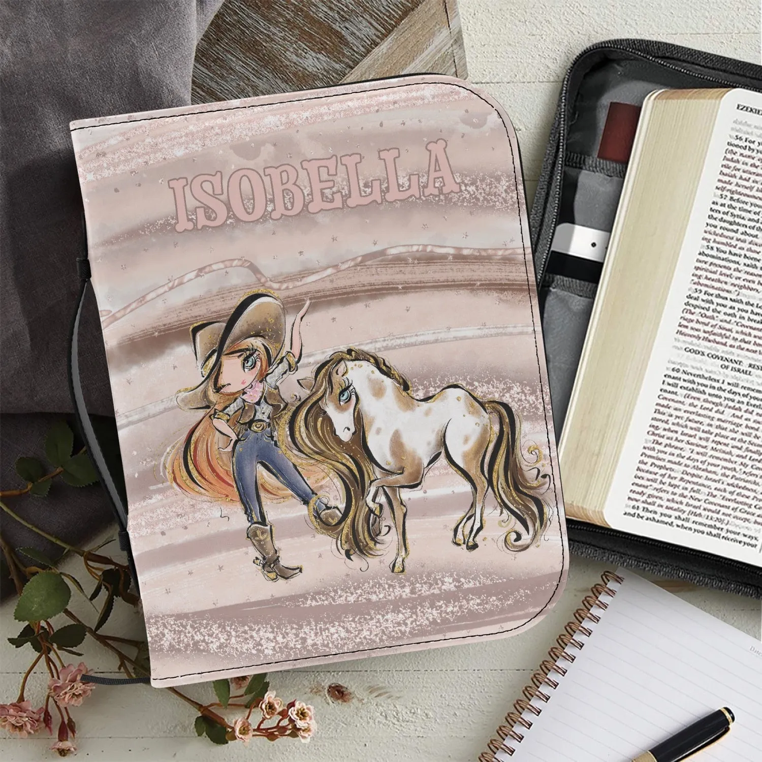 Book/ Bible Cover, Howdy, Cowgirl and Horse, Red Hair, Blue Eyes