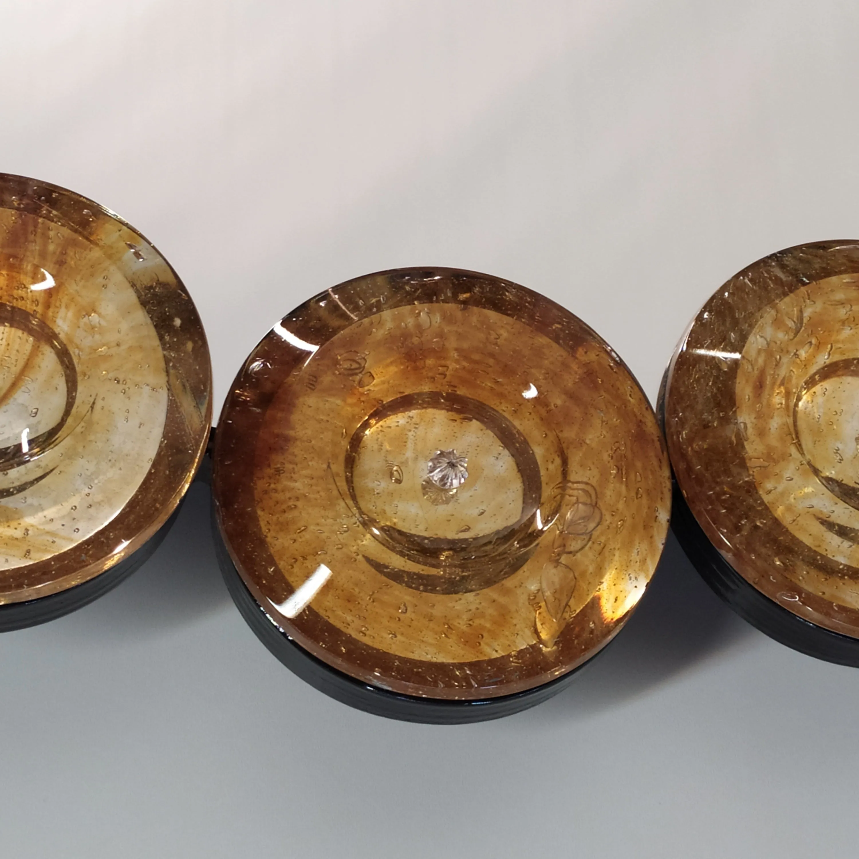 Contemporary Italian Custom Amber Murano Glass Disk Drop Shape Modern Mirror