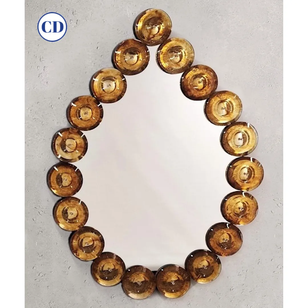 Contemporary Italian Custom Amber Murano Glass Disk Drop Shape Modern Mirror