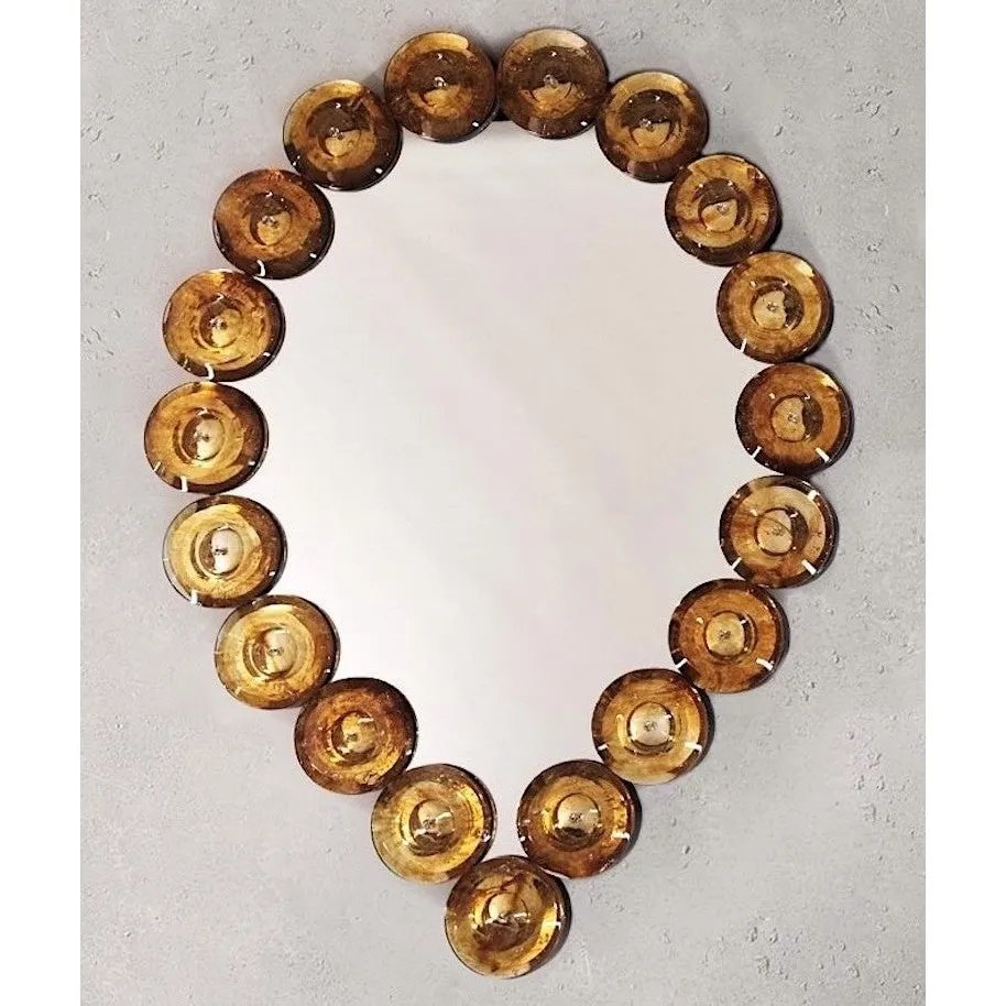 Contemporary Italian Custom Amber Murano Glass Disk Drop Shape Modern Mirror