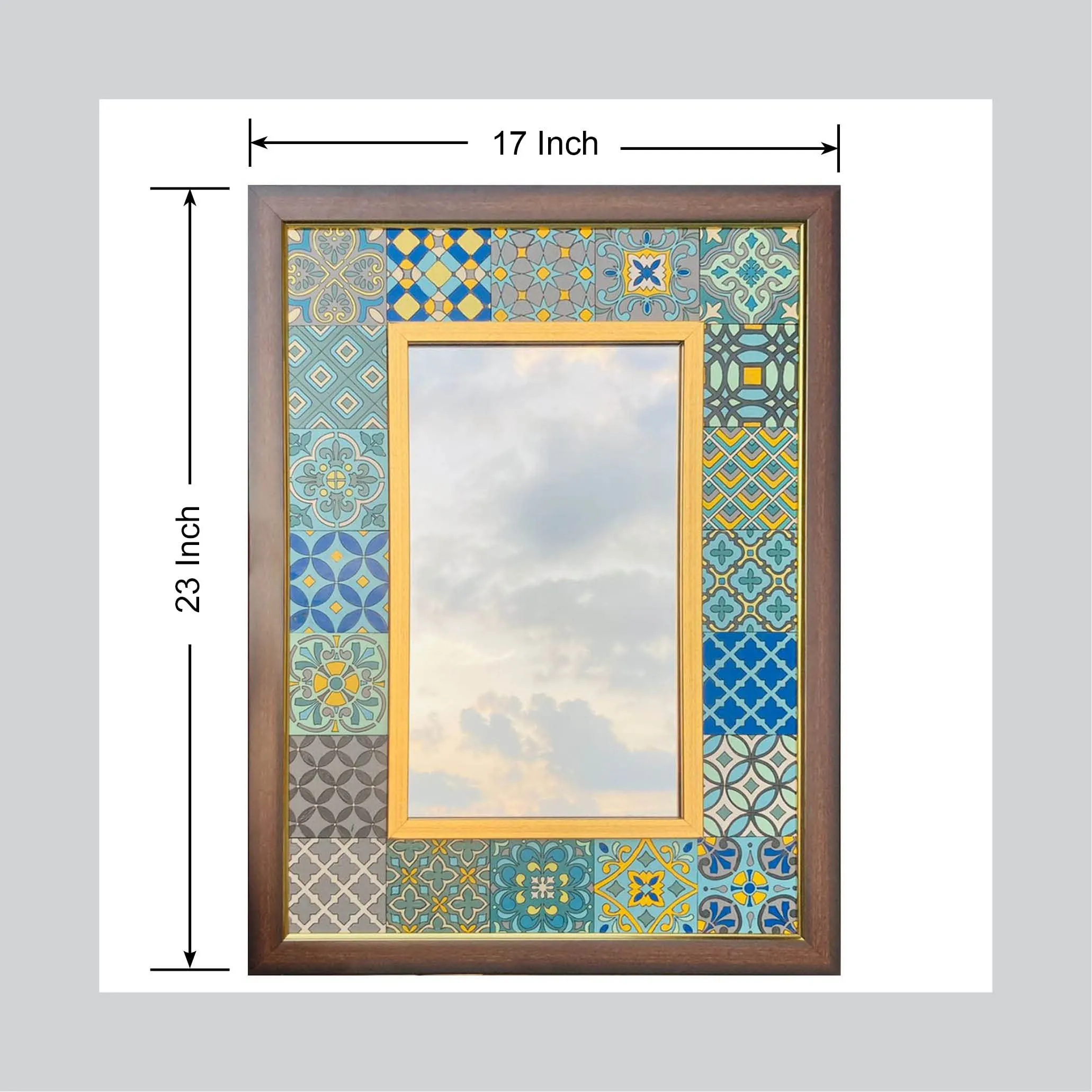 Creative Touch Hand-Painted Moroccan Tile Mirror with Wooden Frame | Wall Mounted Mirror for Home Decor,Living Room,Bedroom (Rectangular) (23x17 Inch)