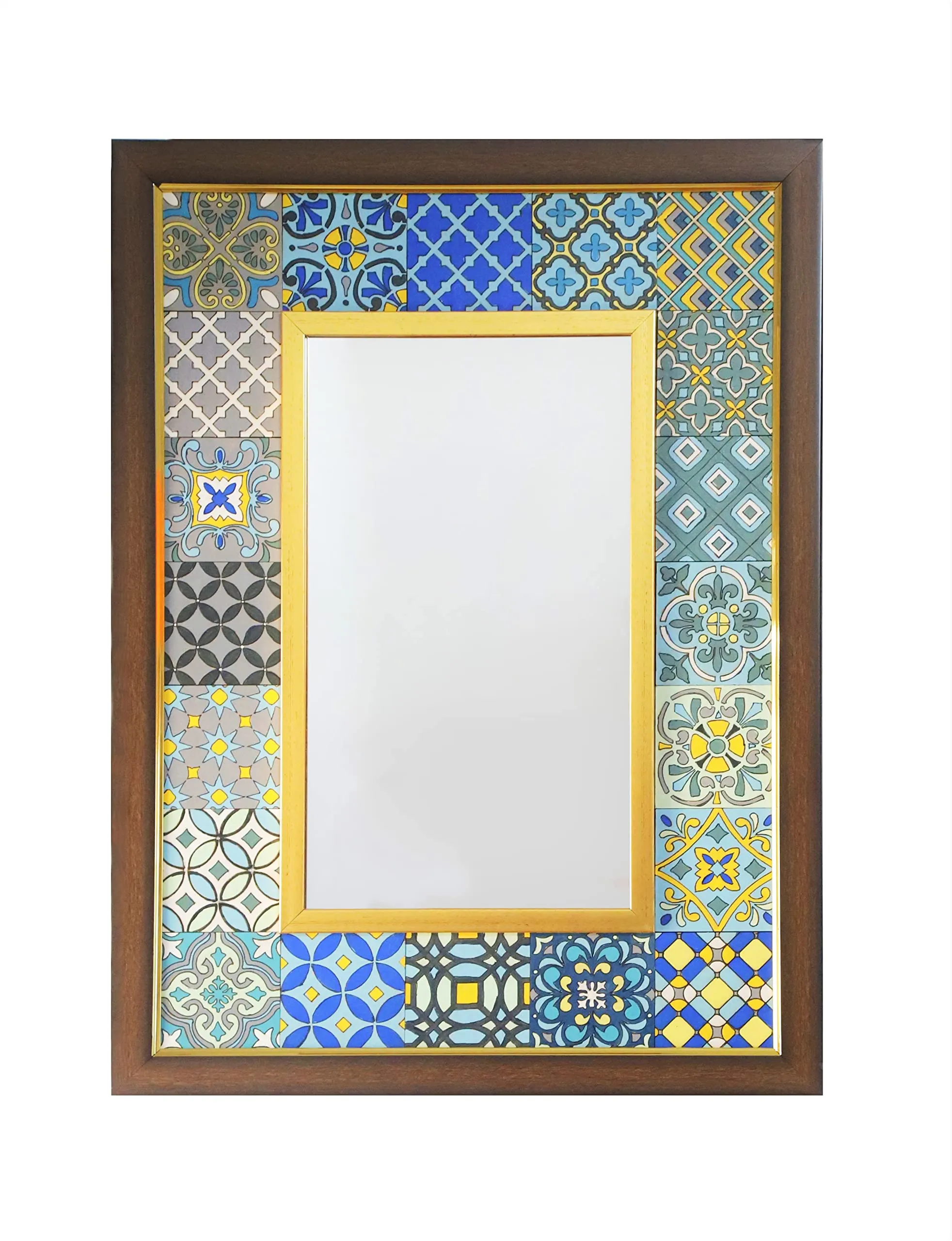 Creative Touch Hand-Painted Moroccan Tile Mirror with Wooden Frame | Wall Mounted Mirror for Home Decor,Living Room,Bedroom (Rectangular) (23x17 Inch)