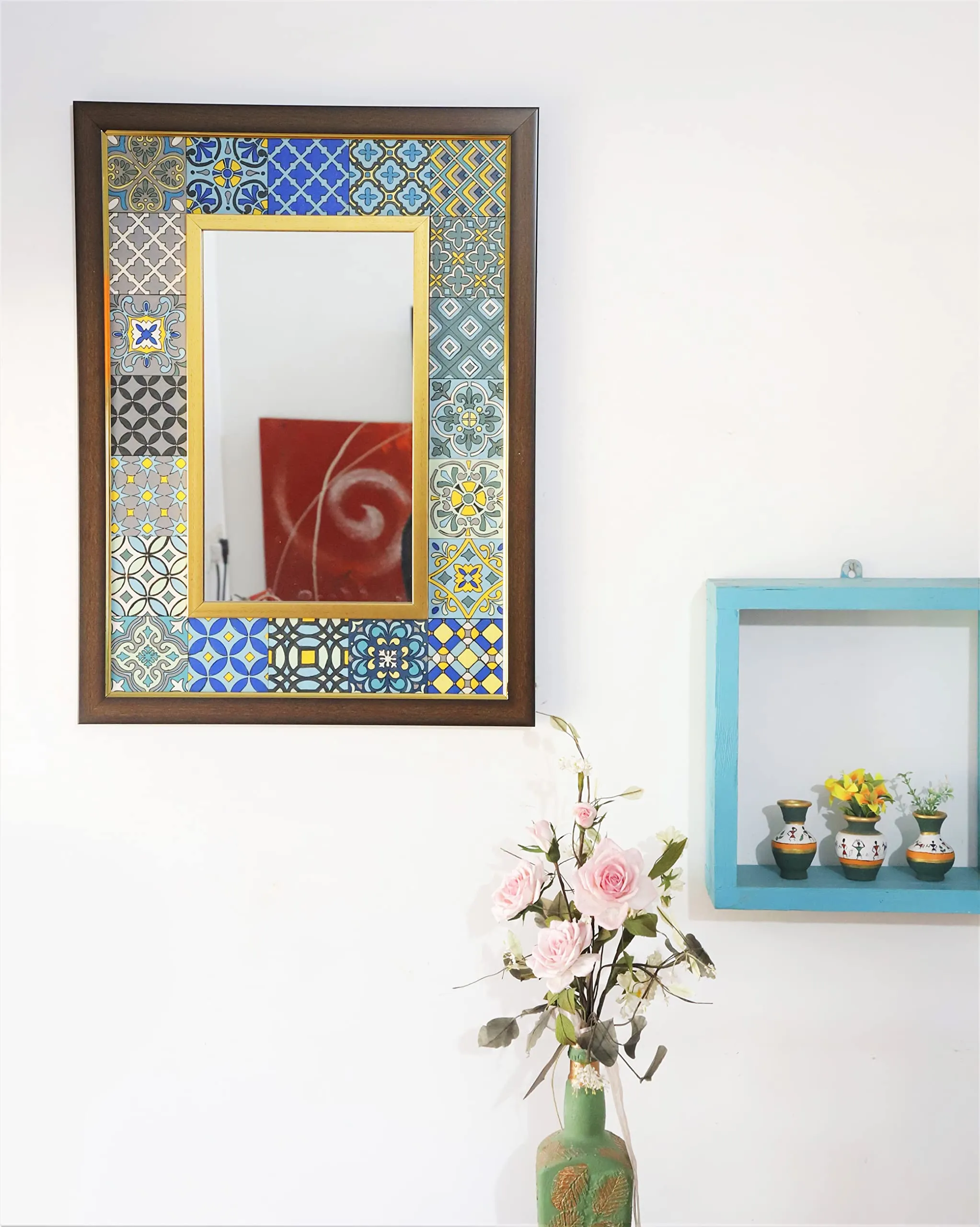 Creative Touch Hand-Painted Moroccan Tile Mirror with Wooden Frame | Wall Mounted Mirror for Home Decor,Living Room,Bedroom (Rectangular) (23x17 Inch)