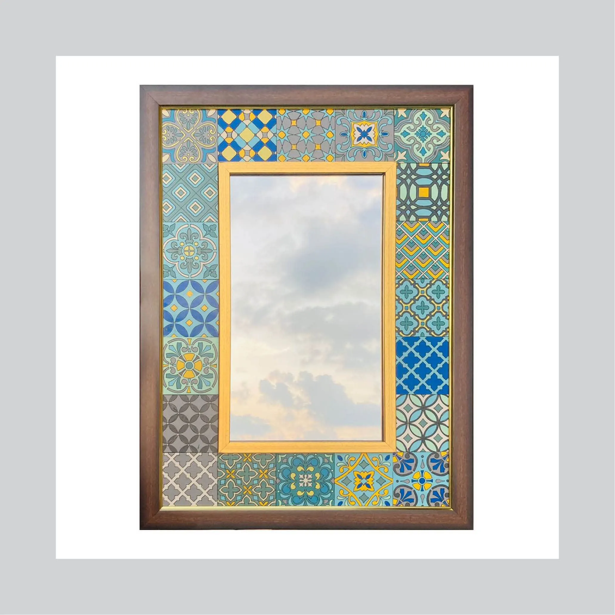 Creative Touch Hand-Painted Moroccan Tile Mirror with Wooden Frame | Wall Mounted Mirror for Home Decor,Living Room,Bedroom (Rectangular) (23x17 Inch)