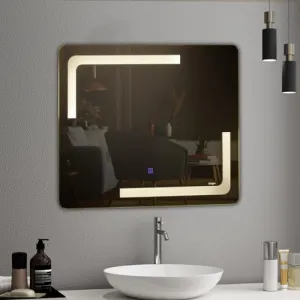 Crystal Indian Rectangular Shape LED Mirror Illuminate Your Beauty with Touch Sensor, Wall-Mounted for Bathroom, Bedroom Energy-Efficient Dimmable Lighting & Crystal Clear Reflection (24X24)