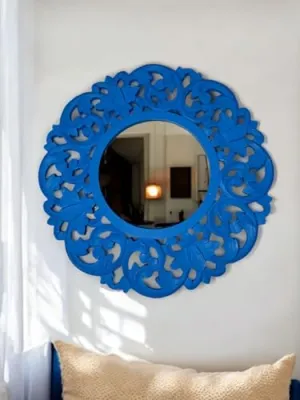 Daim® Large Round Mirror, Wall-Mounted MDF Frame Vanity Mirror, Decor Panel, Handpainted, Living Room, Bedroom, Veranda Mirror (50 CM Round)(Blue)