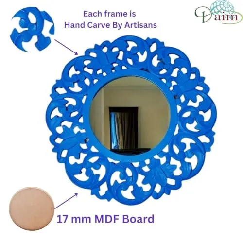 Daim® Large Round Mirror, Wall-Mounted MDF Frame Vanity Mirror, Decor Panel, Handpainted, Living Room, Bedroom, Veranda Mirror (50 CM Round)(Blue)