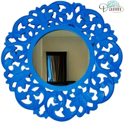 Daim® Large Round Mirror, Wall-Mounted MDF Frame Vanity Mirror, Decor Panel, Handpainted, Living Room, Bedroom, Veranda Mirror (50 CM Round)(Blue)