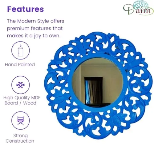 Daim® Large Round Mirror, Wall-Mounted MDF Frame Vanity Mirror, Decor Panel, Handpainted, Living Room, Bedroom, Veranda Mirror (50 CM Round)(Blue)