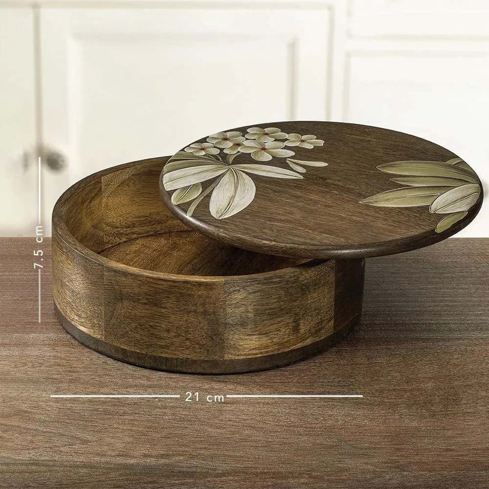 Ellementry Frangipani Wood Round Roti Box| Casserole with Wooden Lid | BPA Free | Food Grade | Serving | Easy to Carry | Kitchen Organizer And Kitchen Storage | Wooden Chapati Box