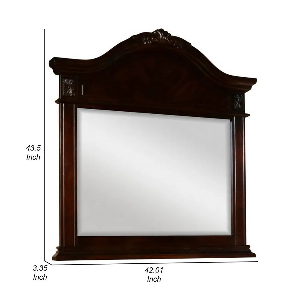 Fay 42 x 44 Dresser Mirror, Arched Hand Carved Frame, Dark Brown Maple Wood By Casagear Home