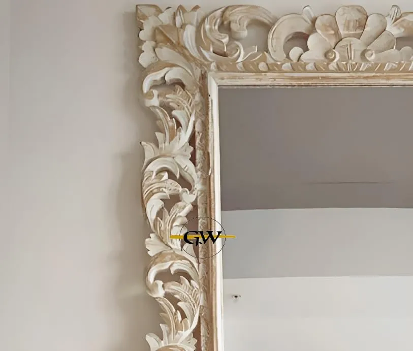 GLOBAL WOOD Wooden Mirror Frame for Wall Decoration | Wall Mirror for Bedroom| Wall Mount| Mango Wood, White Distress (without Mirror) (White Distress) (4x2.5 FT)