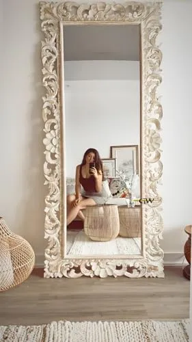 GLOBAL WOOD Wooden Mirror Frame for Wall Decoration | Wall Mirror for Bedroom| Wall Mount| Mango Wood, White Distress (without Mirror) (White Distress) (4x2.5 FT)