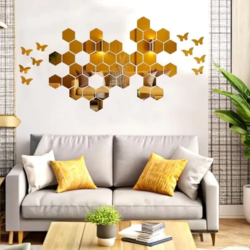 Goelite Hexagonal Mirror with Butterfly Wall Sticker, Glass Stickers for Mosaic Decoration, Acrylic Home Mirror Wallpaper (30 Hexagon Golden   10 Butterfly)