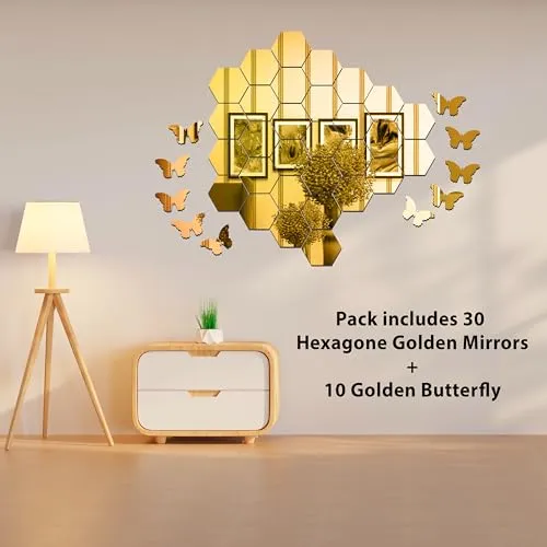 Goelite Hexagonal Mirror with Butterfly Wall Sticker, Glass Stickers for Mosaic Decoration, Acrylic Home Mirror Wallpaper (30 Hexagon Golden   10 Butterfly)