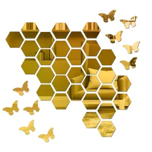 Goelite Hexagonal Mirror with Butterfly Wall Sticker, Glass Stickers for Mosaic Decoration, Acrylic Home Mirror Wallpaper (30 Hexagon Golden   10 Butterfly)