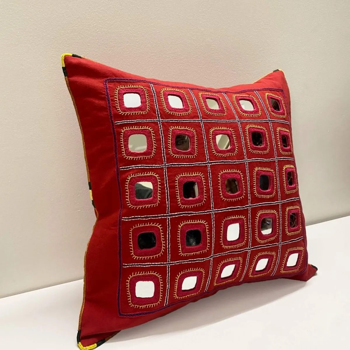 Hand Embroidered Mirror & Thread-Work cushion cover - Lambani cushion cover in Scarlet