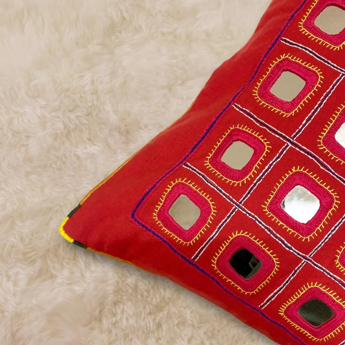 Hand Embroidered Mirror & Thread-Work cushion cover - Lambani cushion cover in Scarlet