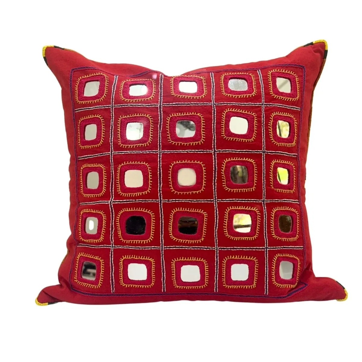 Hand Embroidered Mirror & Thread-Work cushion cover - Lambani cushion cover in Scarlet