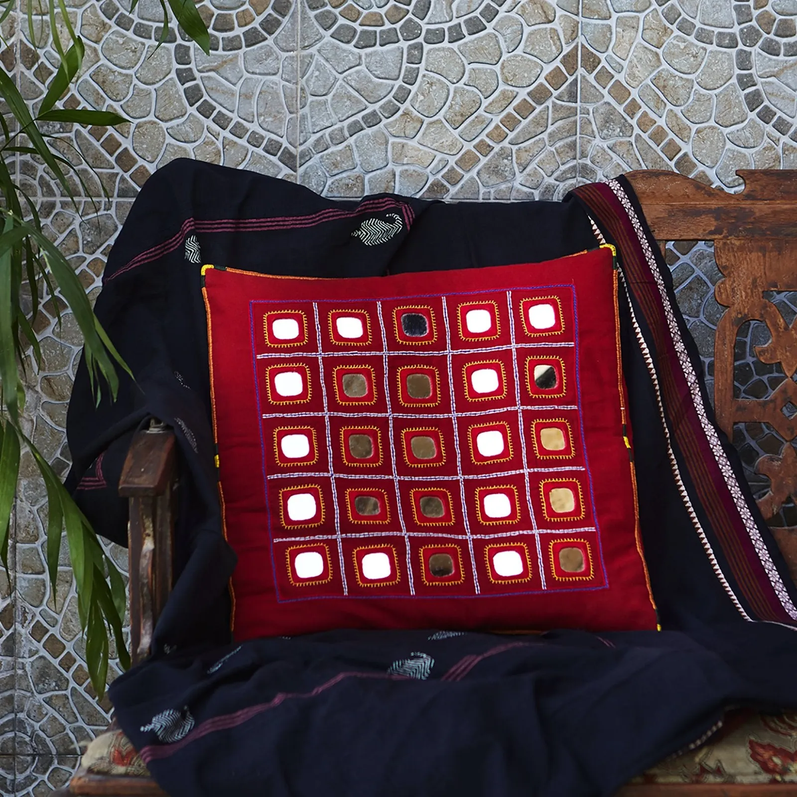 Hand Embroidered Mirror & Thread-Work cushion cover - Lambani cushion cover in Scarlet