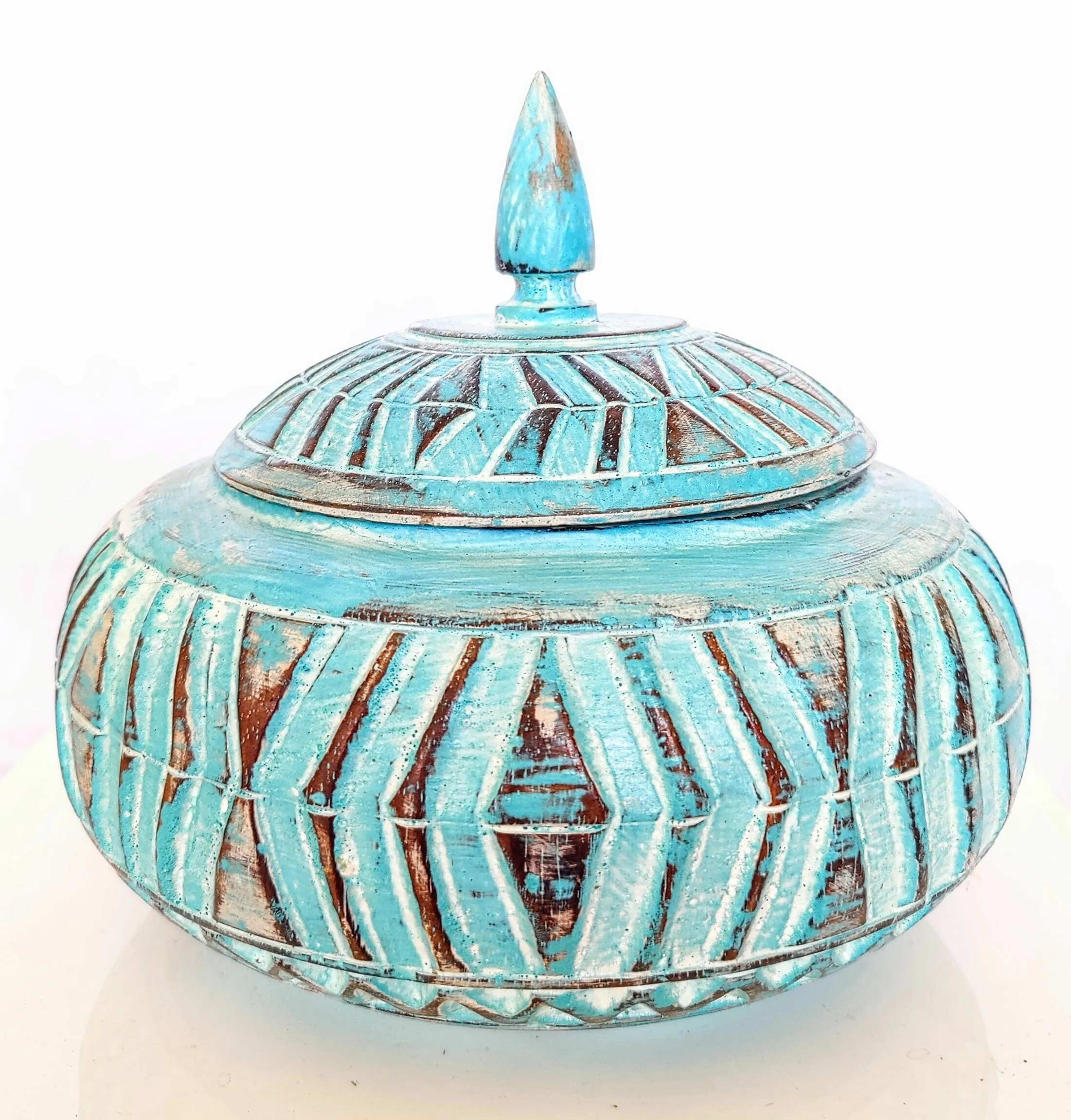 Home Decor: Storage Accessory. Hand Carved and Painted Decorative Round Wooden Box.