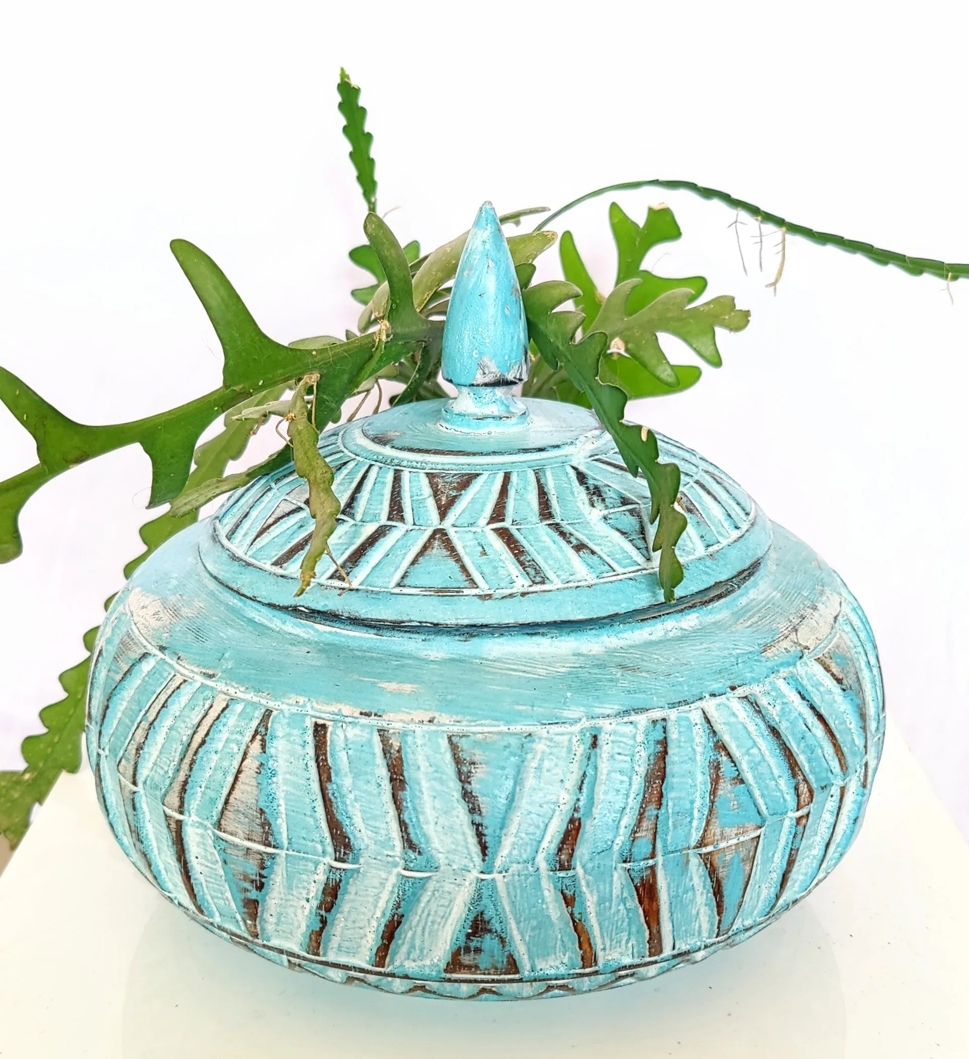 Home Decor: Storage Accessory. Hand Carved and Painted Decorative Round Wooden Box.