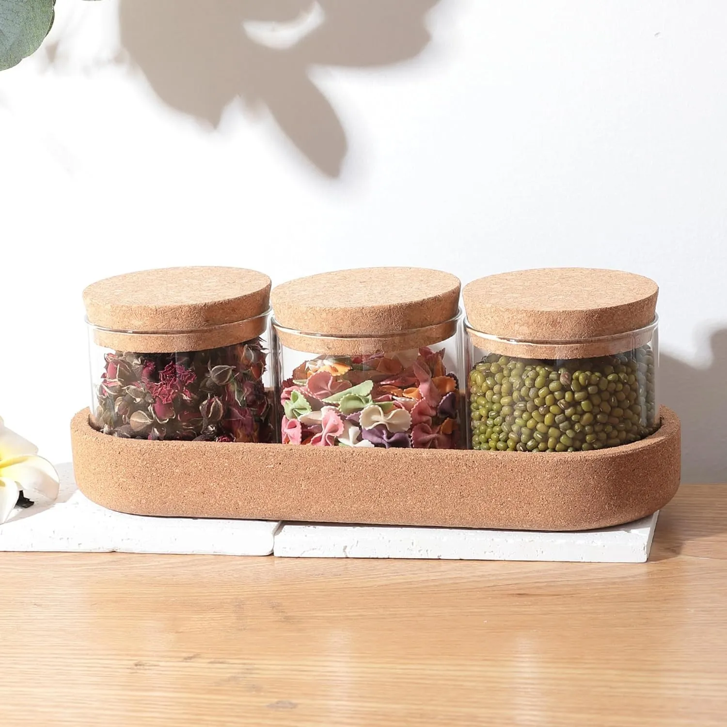 Homestic Borosilicate Glass Jars with cork lids & cork tray | 270ml | Pack of 3 | Airtight Containers with Lid | Multipurpose | Ideal for Snacks, Spices, Tea Coffee, Sugar, Dry Fruits