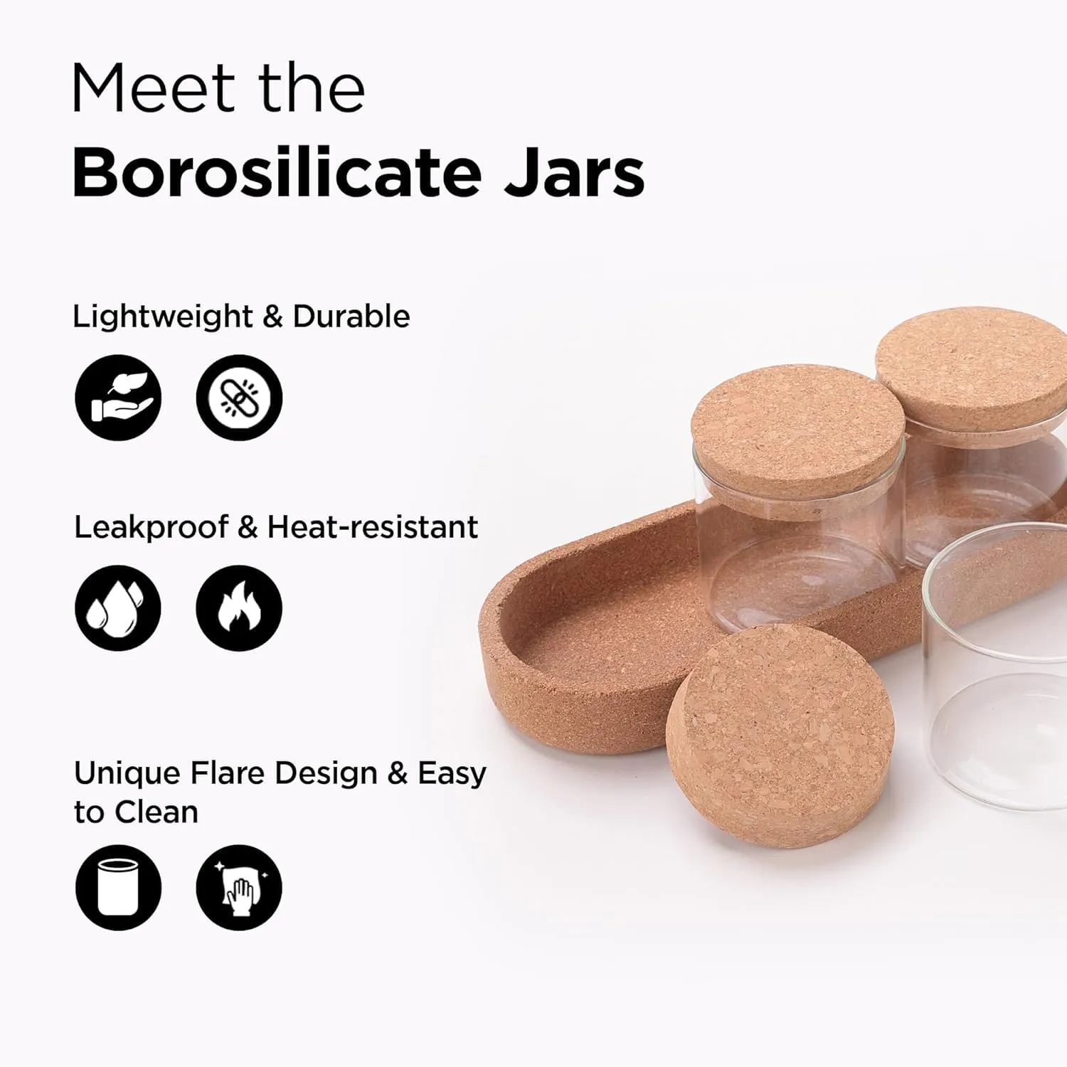 Homestic Borosilicate Glass Jars with cork lids & cork tray | 270ml | Pack of 3 | Airtight Containers with Lid | Multipurpose | Ideal for Snacks, Spices, Tea Coffee, Sugar, Dry Fruits