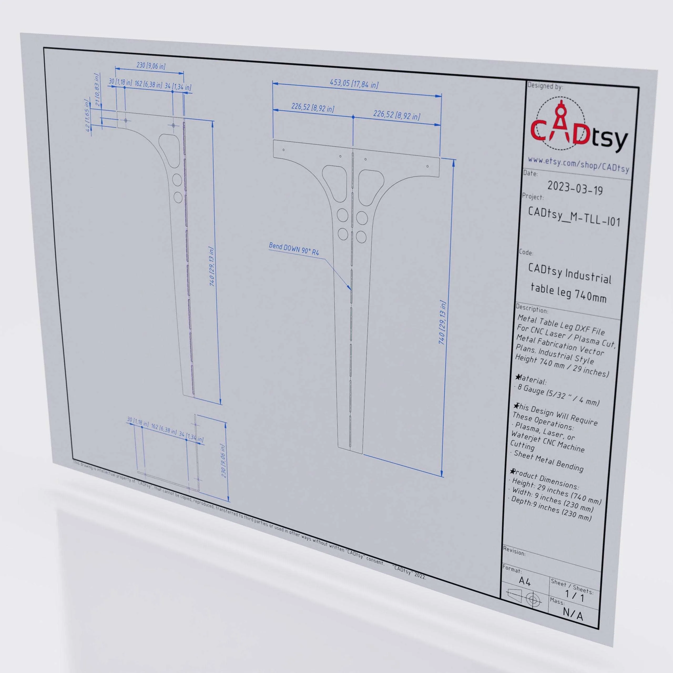 Industrial Style Table Metal Leg CNC Laser/Plasma Cutting DXF/SVG Files. Height 740 mm (29")