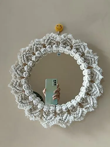 KHUSHBOO'S Art Box - Macrame Hanging Wall Mirror with Macrame Round Mirror Art | Boho Decor Macrame Decorative Mirror (Off White)