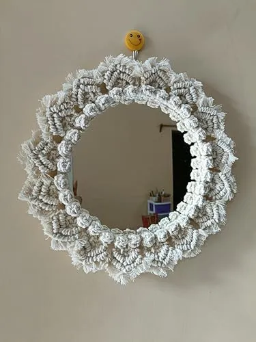 KHUSHBOO'S Art Box - Macrame Hanging Wall Mirror with Macrame Round Mirror Art | Boho Decor Macrame Decorative Mirror (Off White)