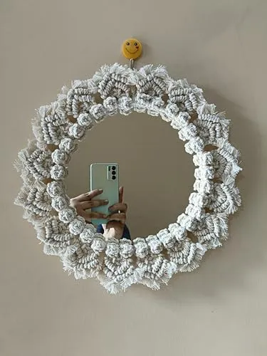 KHUSHBOO'S Art Box - Macrame Hanging Wall Mirror with Macrame Round Mirror Art | Boho Decor Macrame Decorative Mirror (Off White)