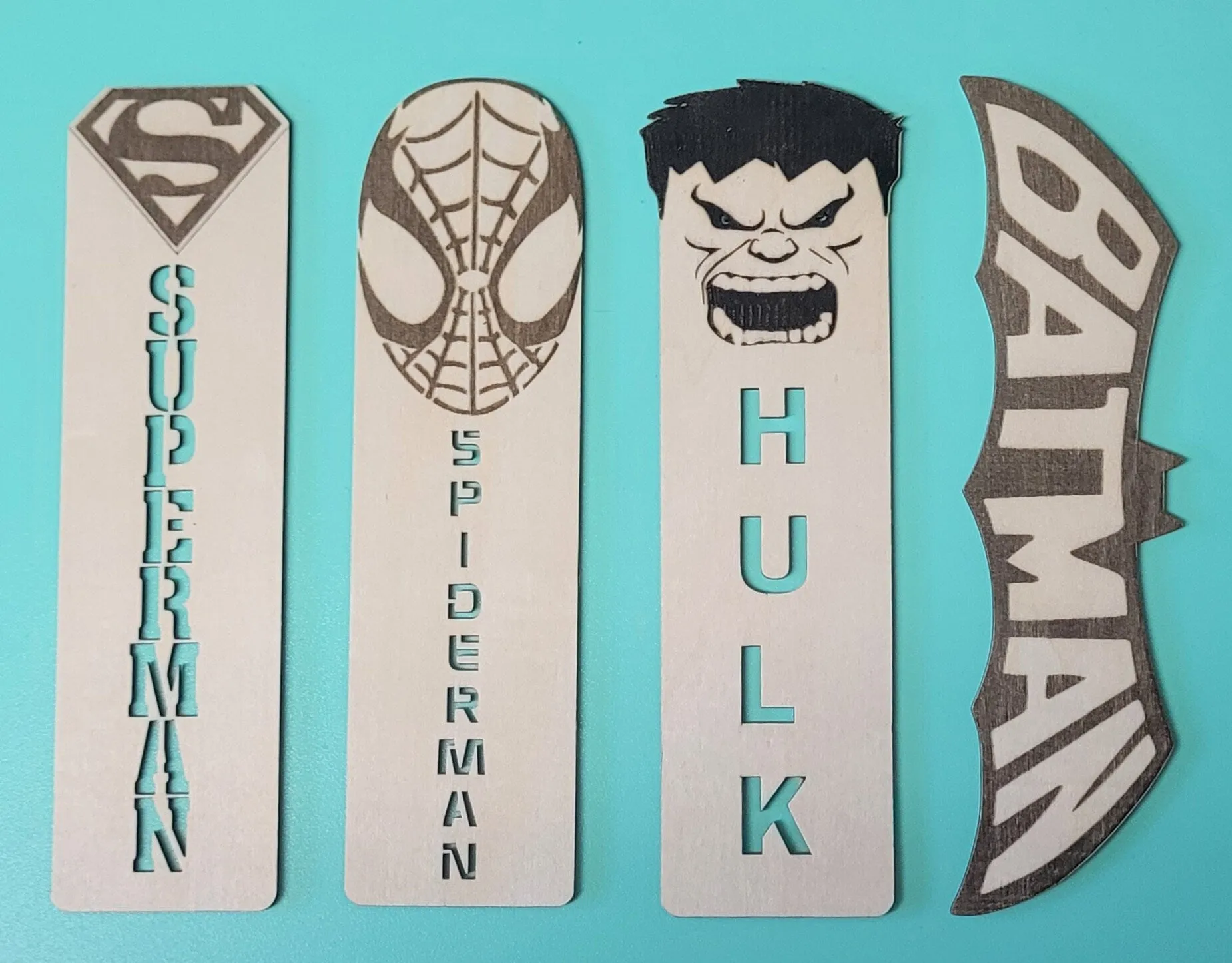 Laser cut wooden superhero themed bookmark