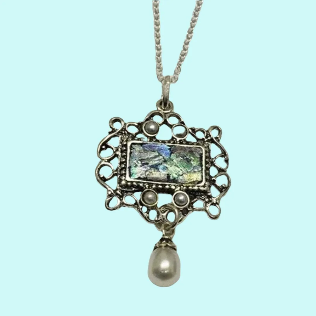 Roman Glass from Israel Jewelry. Sterling Silver Necklace, Roman glass necklace.