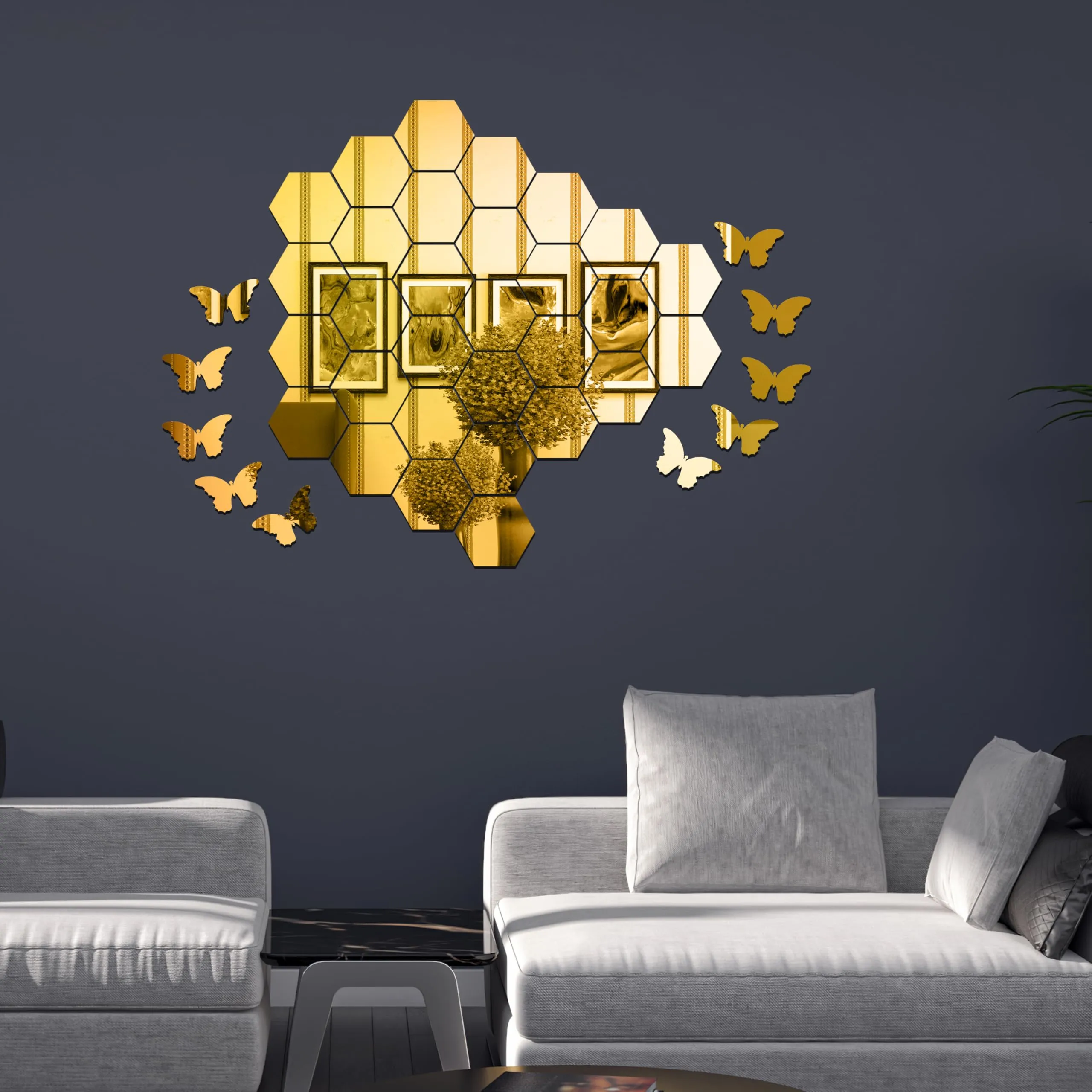 Rousrie Hexagonal Mirror with Butterfly Wall Sticker, Golden Glass Stickers for Mosaic Decoration, Acrylic Home Mirror Wallpaper | 30 Hexagons and 10 Butterfly (30 Golden Hexagons & 10 Butterly)