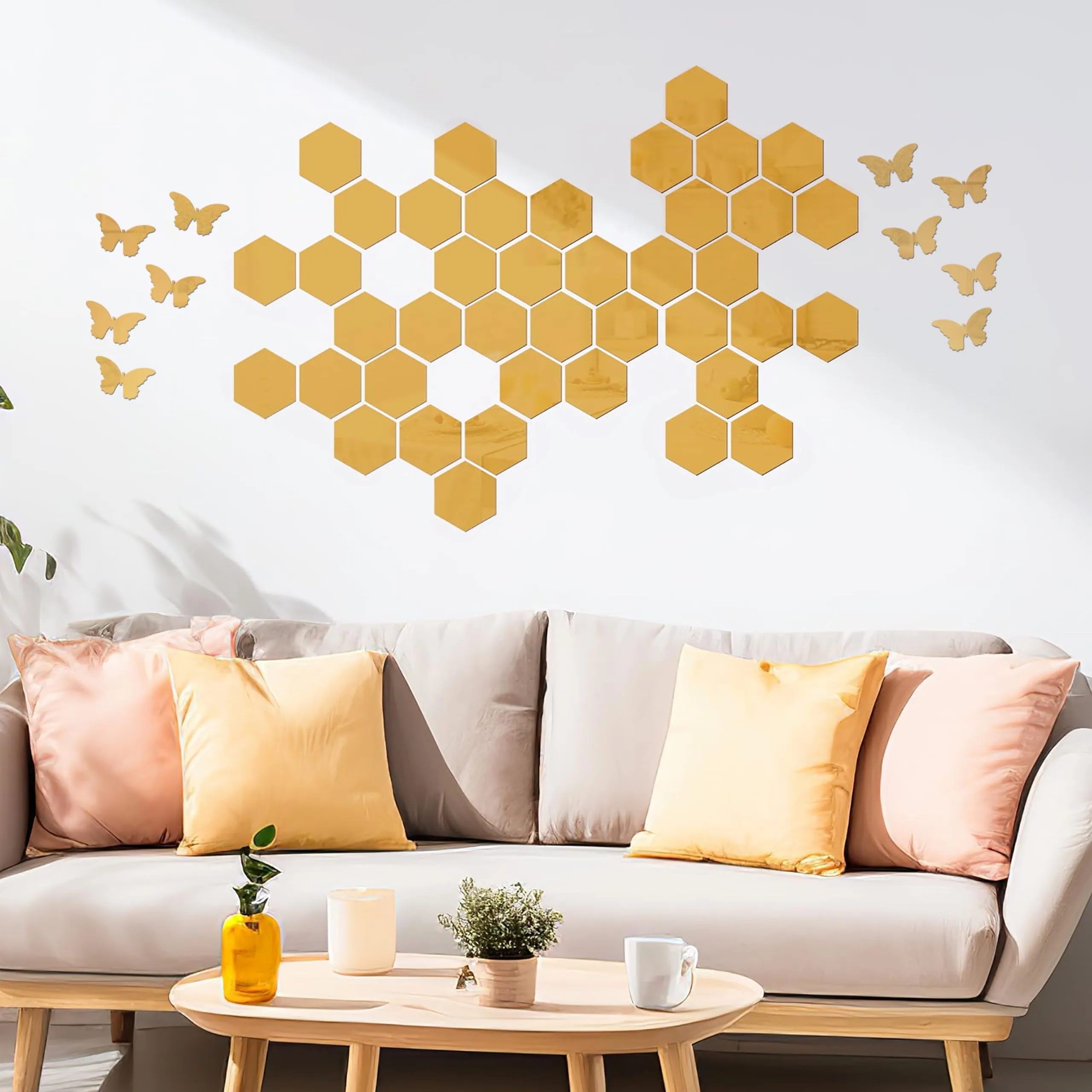 Rousrie Hexagonal Mirror with Butterfly Wall Sticker, Golden Glass Stickers for Mosaic Decoration, Acrylic Home Mirror Wallpaper | 30 Hexagons and 10 Butterfly (30 Golden Hexagons & 10 Butterly)